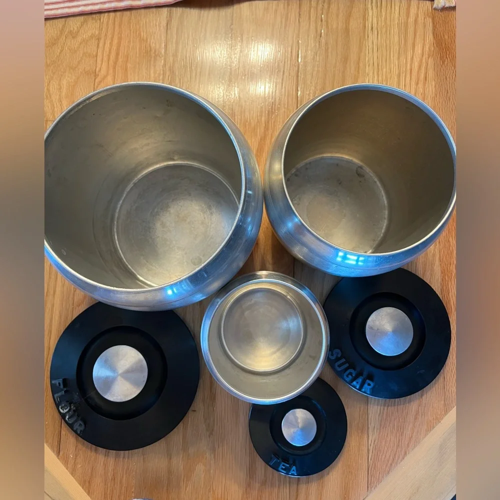 Vintage Kromex Spun aluminum Metal Kitchen Canister Set - Flour Sugar Tea